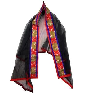 Black Sheer Dupatta Scarf Embroidered Paisley Red Blue Trim  wrap shawl